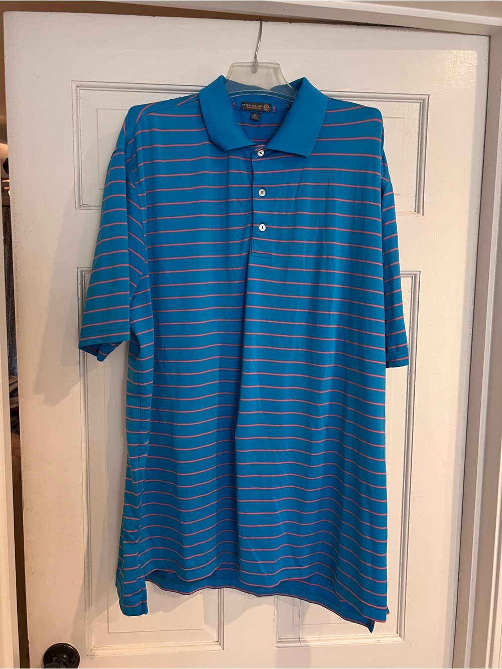 Peter Millar Turquoise Polo with Pink Stripe Accents